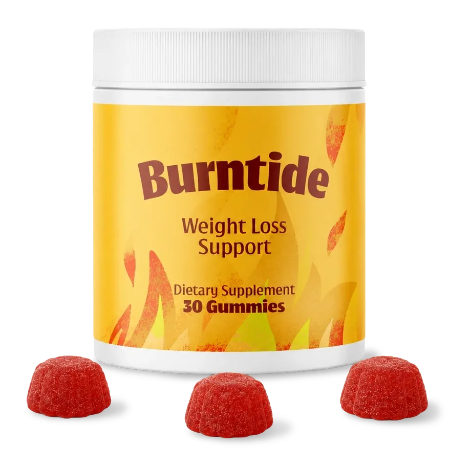 A jar of Burntide chewable gummies with the front label facing forward