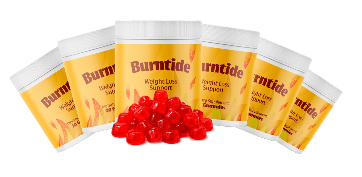 Six jars of Burntide lined up, a 180-day supply