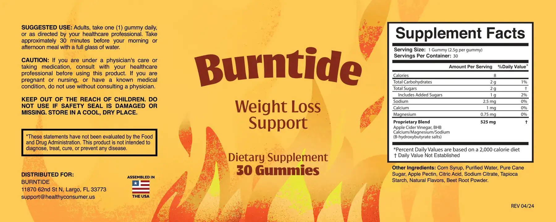 The Burntide label laid flat, showing the Supplement Facts panel, the suggested use and the caution paragraph
